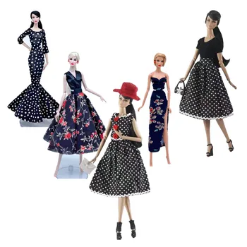 1:6 Klasické Čierne Kvetované Bodkované Polka Bábiku Šaty, Oblečenie Pre Bábiky Barbie Oblečenie Set Oblečenia Party Šaty 11.5