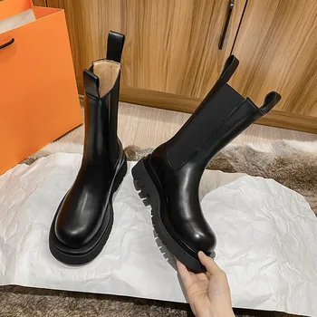 2021 Čierne Kožené Topánky na Platforme Žien Vysoko Robustný Pošmyknúť na Zimné Topánky Jesennom Kole Prst Byt s Chelsea Topánky pre Ženy