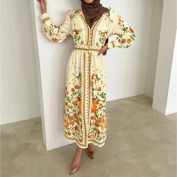 2023 Lete Ženy Novú Tlačovú Módne, Elegantné Moslimských Retro Kvetinový Dlhé Šaty Vysoký Pás Svietidla Rukáv Bežné Ženské Šaty
