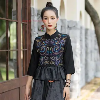 2023 čínsky vintage ženy hanfu topy kvetinové výšivky bavlnená posteľná bielizeň, blúzky, orientálne elegantný retro tričko tradičné tang oblek