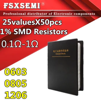 25 Hodnoty X50pcs=1250pcs 0603 0805 1206 Čip Odpor Sortiment Súprava O 0,1 Ω-1Ω 1% SMD Rezistory 0.1 R~1R Knihy SMT vzorkovníka