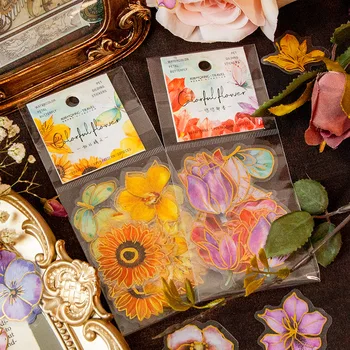 30 ks/pack, Farebné Kvetinové Nálepky taška svetlé a PET materiálu kvet hot zlato DIY rastlinného materiálu dekoratívne samolepky 8 typov