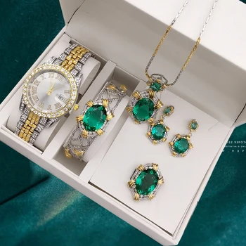 5 ks Ženy, Luxusné Hodinky Plné Diamond Elegantné Quartz Hodinky Pre Dámy Retro Simulácia Farebný Drahokam Strany Šperky Sady