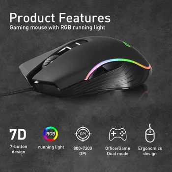 7 Tlačidlá Káblové pripojenie Hernej Myši Programovateľné Tlačidlá Hry Myš RGB Svetlo Max do 6 úrovní 7200DPI Prenosný Počítač Office Príslušenstvo