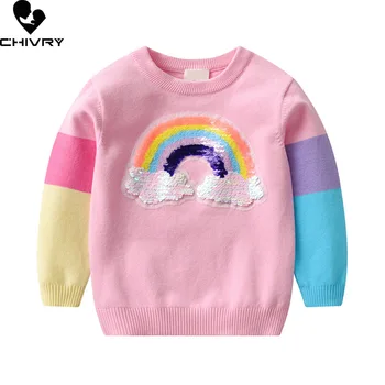 Baby Dievčatá Jeseň Zima Pulóver Sveter Nové 2023 Deti Cartoon Rainbow Flitrami Okolo Krku Pletený Sveter Svetre Oblečenie