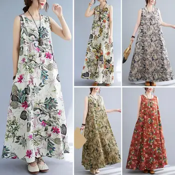 bez rukávov bavlnená posteľná bielizeň vintage kvetinový nové šaty pre ženy príležitostné voľné maxi dlhé letné šaty elegantné oblečenie 2023