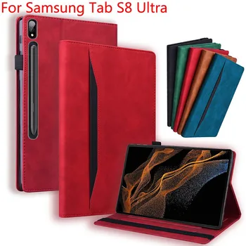 Business Štýle obal Pre Samsung Galaxy Tab S8 Ultra PU Kožené TPU Shockproof Stojan, Držiak na Pero Kryt Otvoru pre Kartu Pokožky