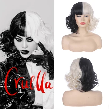 Cruella de Víl Cosplay Parochňu Čierne Biele Krátke Vlasy Film Výkon Halloween Rekvizity Pre Ženy COS Disfraz Strany Festival Sexy