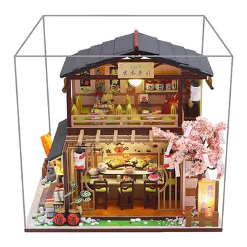 DIY Miniatúrny domček pre bábiky Auta Prachotesný DIY Mini Dom Japonské Sushi Obchod Drevený domček pre bábiky Pre Teen S Ručne ovládané Batérie