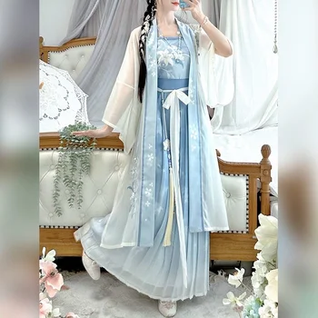 Hanfu Šaty Žien Čínske Tradičné Tlačené Hanfu Študent Halloween Cosplay Kostým Hanfu Modrá 3ks Sady