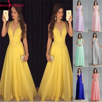 Krásy-Emily Šifón Žltá Bridesmaid, Šaty 2020 tvaru Ťažké Korálkami A-line Svadobné Party Šaty Formálne Šaty Župan De Soiree