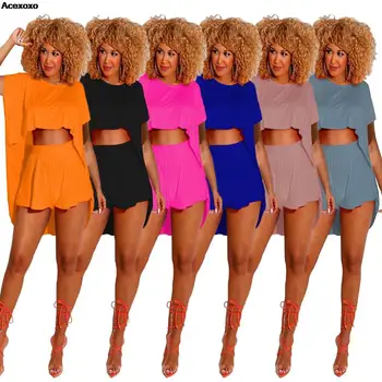 Letné novej dámskej módy bežné farbou kolo krku voľné bat rukáv tričko, šortky dve sady