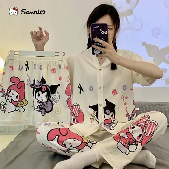 Letné Ženy Krátke Pyžamo 3 Kus Nastaviť Kawaii Sanrio Kuromi Moje Melódie Anime Dievča Bežné Domáce Oblečenie Tenké Sleepwear 2023