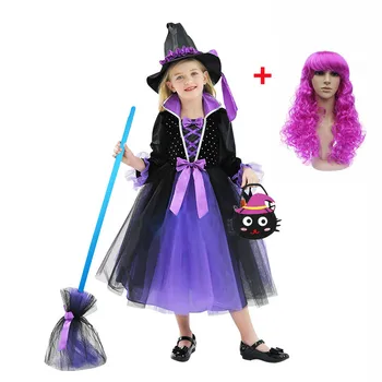MUABABY Halloween Kostým Čarodejnice s Klobúk pre Dievčatá Všetkých Svätých' Eve Zlým Čarodejníkom Tutu Šaty Deti Vintage Darebák Cosplay Odev