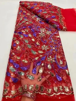 Móda Červenej Africkej Čipky Textílie Flitrami Tylu Oka Výšivky, Čipky pre Svadobné Svadobné Vysoko Kvalitné Ručné Perličiek Šaty