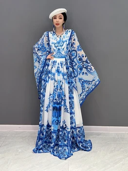 na jar roku 2023 nové dámske dlhé šaty šifón tlač široký rukáv Čínsky vietor modré a biele klasické šaty dovolenku vietor