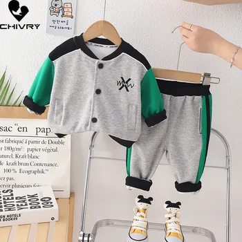 Nové 2023 Deti Baby Jar Jeseň Fashion Kontrast Farieb Baseball Jacket Topy s Nohavice Chlapcov Ležérne Športové Oblečenie Sady