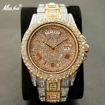Nové Dve Tón Rose Gold Ľadový Vonku Deň Dátum hodinky Pre Mužov Hip Hop Moissanite Diamant Hodinky Muž, Luxusné Značky Šaty, Šperky, Hodiny