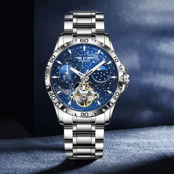 PINDU pánske Automatické Mechanické Náramkové hodinky Tourbillon Módne Super Hviezdnej Oblohe, Fázy Mesiaca Svetelný Kožený Remienok Luxusný Darček