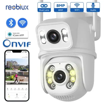 Reobiux Wifi PTZ Kamery Vonkajšie Dohľadu 8MP Duálny Objektív IP Kameru CCTV Zabezpečenia Ochrany Dual Displej Fotoaparát S ICsee App