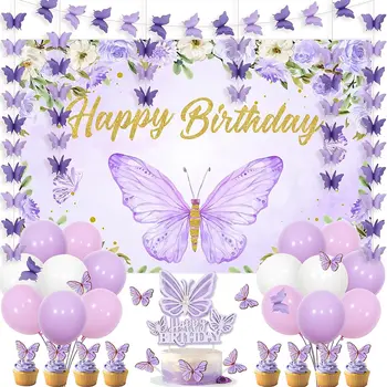 Ružový Fialový Motýľ, Narodeniny, Party Dekorácie Motýľ Kvetinový Happy Birthday Pozadie Tortu Mulčovače Motýľ Visí Swirls