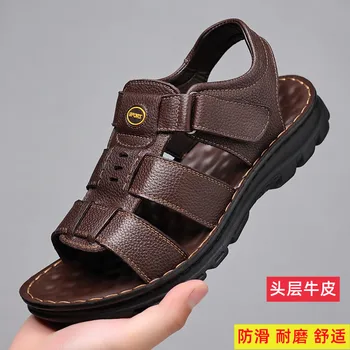 Sandále pánske kožené 2023 nové háčika a slučky non-slip opotrebovaniu ležérne topánky mužov