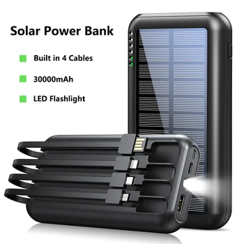 Solar Power Bank 30000mAh Postavený v 4 Káble, Prenosné Nabíjačky Externá Batéria Pre iPhone 14 Samsung Huawei Xiao Powerbank