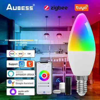 TUYA Zigbee Smart Lightbulb Candelabra Európskej E14 RGB+SCS 5W Stmievateľné LED Žiarovky Cez Alexa Domovská stránka Google Yandex Alice