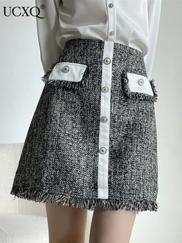 UCXQ Temperament Singel svojim Strapec Patchwork Dizajnér Krátke Sukne Pre Ženy, Elegantný Prehoz Mini Sukne 2023 Jeseň 23A4097