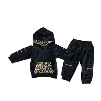 Veľkoobchod S Deti Hoodies Oblečenie Leopard Vrecku Dizajn A Módne Otvor Čierne Nohavice 2 Ks Sada